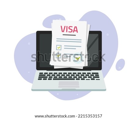 Online visa digital nomad application approved icon vector on computer pc or national electronic foreign travel from stamp flat graphic design illustration  