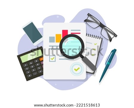 Accounting business irs internal audit analysis vector table desk or seo statistic market sales research inspection flat lay, quality study chart or financial budget review report, company investment 