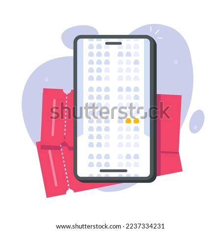 Airplane plane seats map choose online via mobile cell phone app or ordering booking flight tickets places scheme via cellphone smartphone flat cartoon illustration, airline check in reservation image