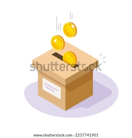 Collecting money box as crowdfunding fundraising icon 3d isometric vector, donate charity capital concept illustration graphics, contribute financial help assistance, fund raise currency invest image