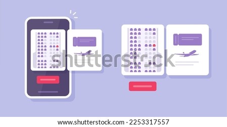 Flight seats in air plane buy choose phone app vector ui design or cellphone airplane tickets booking mobile application on smartphone screen graphic, selecting airline places online image modern