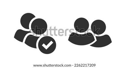 Two people users icon vector pictogram silhouette shape graphic, 2 community group profile member checkmark added to team ui symbol, couple unity check verified tick mark black white pic image