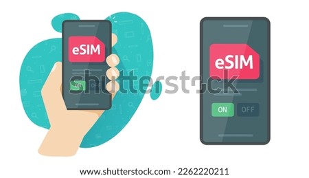 Sim card use in cell phone technology vector graphics illustration, esim digital chip tech using in mobile cellphone app, smart telephone smartphone screen embedded-sim on off button image 