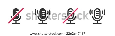 Mute voice record mic icon simple pictogram, turn on off disable microphone audio dictate button line outline art graphics illustration, ui interface web and app glyph symbol, black white set design
