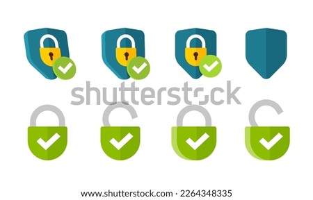 Shield lick icon vector set as internet web secure safeguard defence protection graphic illustration clipart 3d and flat, green padlock open closed security unlock logo with check mark image