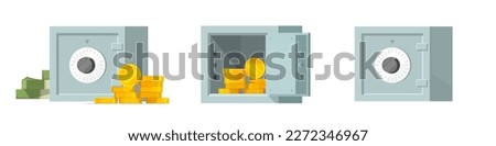 Safe vault money box icon vector, bank deposit cash flat and 3d graphic design, open and closed metal steel finances storage cartoon illustration clipart image