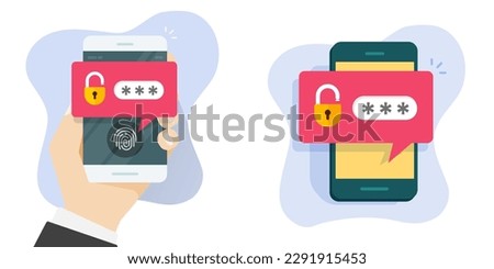 Verification code password access on mobile cell phone icon vector push notice message graphic illustration, unlock secure cellphone fingerprint touch id tech, 2fa authentication identification app
