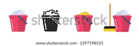 Bucket water foam soap, mop broom and sand flat cartoon icon vector and simple pictogram graphic illustration set black white red image clipart silhouette