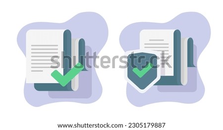 Document contract fraud check verify approve icon vector, digital privacy reviewed permission shield, private secure information data protection illustration flat with checkmark tick image clipart 