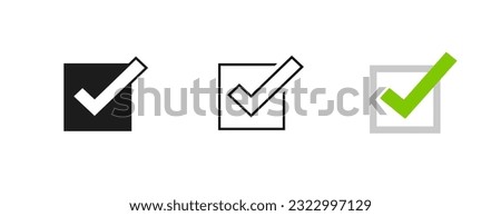 Poll vote choice check mark icon simple graphic checkbox vector set, black white tick check box checkmark square line outline flat design, correct right approve sign, conform yes valid checklist image