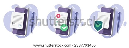 Contract document signature online digital 3d icon vector on mobile cell phone graphic, smartphone cellphone medical insurance certificate, cyber safety secure law legal claim form protect image