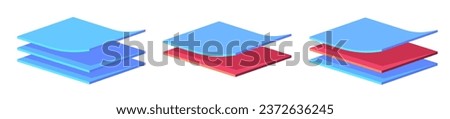 Layers of material fabric blue red 3d stack design, 3 square wave surface batches sheets graphic illustration, three underlay diagram structure cloth or skin perspective, triple level image clipart 