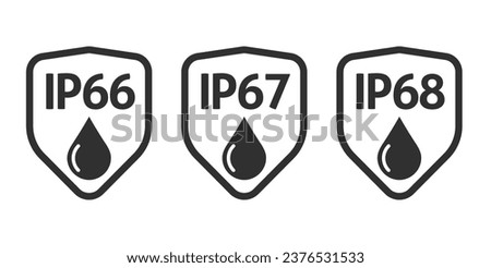 ip68 ip67 ip66 icon water resistant protection shield defense vector graphic pictogram line outline art, moisture wet guard logo label sign symbol set, dust and underwater standard certificate sticker