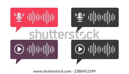Voice message record and audio chat bubble speech play icon vector graphic element illustration set, messenger app sms talk or podcast voicemail red flat design image 