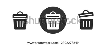 Trash bin can or garbage junk solid icon vector simple glyph graphic pictogram silhouette, round rubbish bucket fill block style design button set, dust trashcan as delete clean remove ui symbol