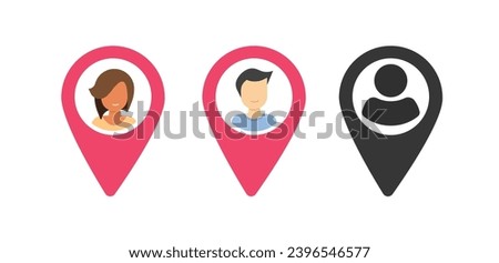 User person location map pin pointer icon vector simple pictogram graphic, human man visit place gps marker flat cartoon, find customer address position, woman girl target arrow image clipart