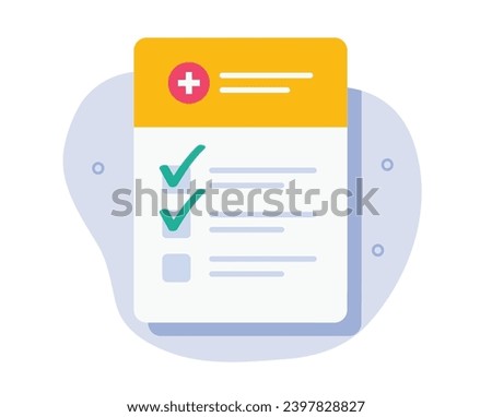 Health medical insurance checklist test exam form vector icon graphic illustration, flat cartoon healthcare diagnostic card paper document fill, medicine register checkup results list image clipart