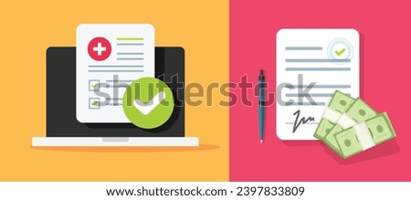 Health checkup form medical digital online on computer laptop pc vector graphic illustration, money cash loan credit agreement contract signature as bank insurance image, lease legal settlement