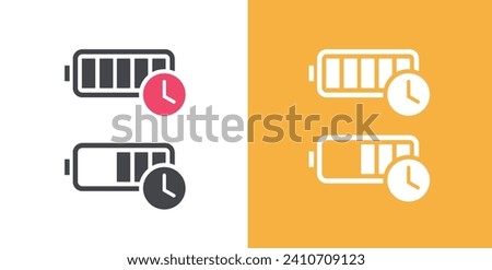 Battery icon long life time endurance icon vector simple pictogram graphic, line outline art charge recharge lifetime accumulator cell symbol with clock watch image clipart set