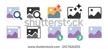 Image photo editing app icons set simple graphic pictogram illustration, enlarge and enhance picture flat, filter effect, upscale zoom, search find magnify, resize line outline art, share pic clipart