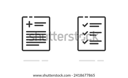 Medical healthcare document check list icon vector simple graphic pictogram set line outline art stroke design, check up report symbol, checklist inventory form exam image clipart