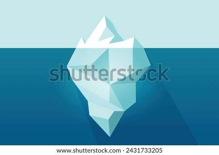 Iceberg vector floating on sea ocean water graphic illustration, glacier tip and underwater part flat cartoon design, large ice rock mountain geometric polygon style image clipart modern