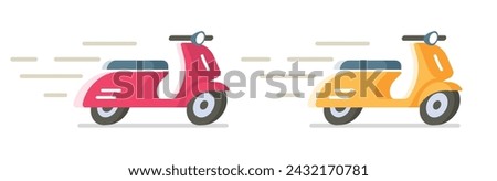 Motor scooter flat moving icon vector graphic illustration set, red yellow trip simple motorcycle moped quick speed traveling side front 3d view flat cartoon retro vintage image clipart isolated