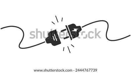 Electric plug socket connect disconnect cable wire icon simple graphic illustration, idea of error failure 404 web page black white, electricity energy power cut, circuit network stop working image