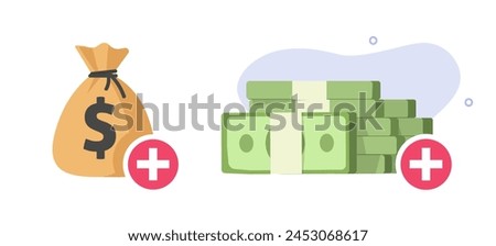 Money topup icon, cash deposit addition element graphic illustration set flat cartoon, account currency balance extra add top up for banking wallet app, place finances symbol image clipart modern