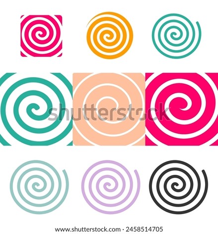 Spiral swirl shape design icon set vector graphic illustration, red purple blue green stroke lollipop candy, circle square whirl twist simple symbol, whirlpool twirl image clip art 