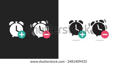 Add alarm clock button icon vector graphic illustration set simple modern design pictogram, reduce increase timer time watch symbol sign isolated simple image clip art