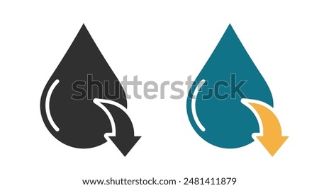 Water drop low level icon, moisture decrease arrow down sign vector graphic simple pictogram design set, drought symbol black white and blue color flat cartoon image clip art
