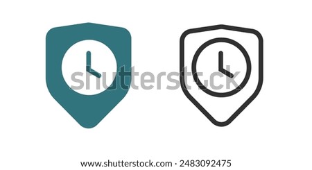 Safety shield clock timer policy as long term protection icon vector graphic set flat and line outline stroke art, life security simple pictogram sign service image clip art 