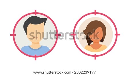 Customer audience candidate choose aim icon vector graphic illustration set, man woman focus group search sign symbol design, person leaser selection goal idea, user selection hire image clip art