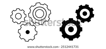 Gear cogwheel functions system pictogram vector icon simple graphic illustration set, config settings automation configuration sign symbol line outline stroke and solid tech cog wheel image clip art 