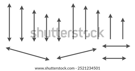 Arrow double size measurement icon simple pictogram thin line stroke graphic set, dual dimension meter length symbol, perimeter capacity height measure element image clip art