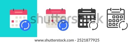 Calendar date update icon, agenda schedule sync symbol pictogram vector flat cartoon graphic, ui refresh change meeting event sign line outline stroke set, reschedule deadline time image clip art