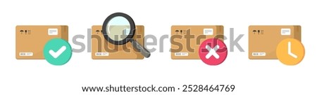 Cargo order status process icon 3d flat cartoon vector graphic illustration set, parcel postal box freight delivery info sign symbol, shipping find, cancel, check mark, search, approve isolated image