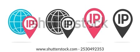 Ip address location icon map pin pointer vector simple graphic pictogram illustration set, world website network internet technology sign symbol red black label image clip art