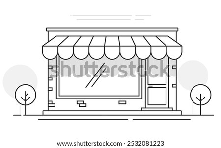 Store front building line stroke vector graphic, city street shop facade icon outline thin linear simple illustration, small cafe or restaurant storefront market, showroom silhouette image clip art