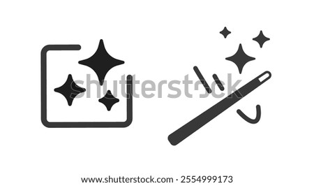 Magic wand wave icon, ai generation sign, filter enhance ui interface tool element simple graphic line stroke pictogram illustration set, improve refine wizard logo silhouette image clip art