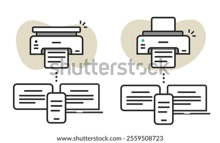 Printing from cell phone, computer and tablet devices technology icon vector graphic illustration set line stroke outline, wireless printer printout from smartphone and laptop pc pictogram minimal