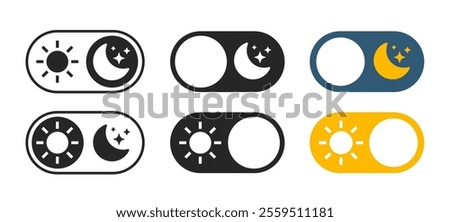 Day night mode buttons set icon vector, light dark color scheme theme toggle switch ui interface elements graphic illustration, black white, blue yellow flat modern design, on off sleep web line art