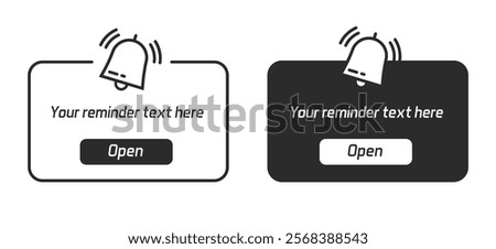 Reminder window alert notification black white modern vector illustration set line stroke outline, sound ui ux interface element with ringing bell alarm new message notice image clip art
