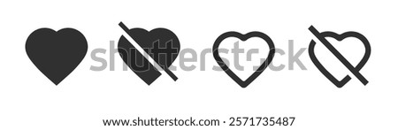 Heart like dislike icon vector ui ux interface element, favorite unfavorite rating button symbol line stroke outline art solid flat pictogram illustration set, web negative positive reaction image 