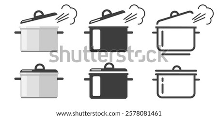 Cooking pot steam icon, hot boiling saucepan set line stroke outline simple minimal pictogram graphic illustration set, restaurant cookware pan silhouette modern linear solid flat cartoon image