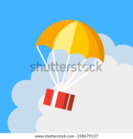 Delivery concept flat style parachute logo icon. Red gift box floating in blue sky with orange parachute. Creative design. Colorful vector illustration. Blue background with clouds.