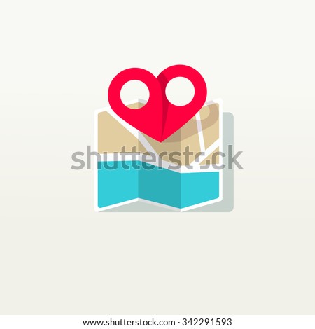 Love place pin pointer with city map logo icon, heart shaped find marker label, concept, destination, amour wedding isolated on white background flat style icon modern brand design vector illustration