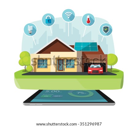 Smart home modern future house vector illustration flat, lighting, heating, air conditioning, saving energy efficiency, security safety, sun solar module power control technology centralized systems