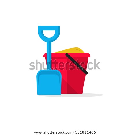 Bucket and spade with sand vector illustration flat icon isolated on white, kid toys tools symbol, pail shovel label, modern design sticker, sandbox place sign badge ribbon, logo concept